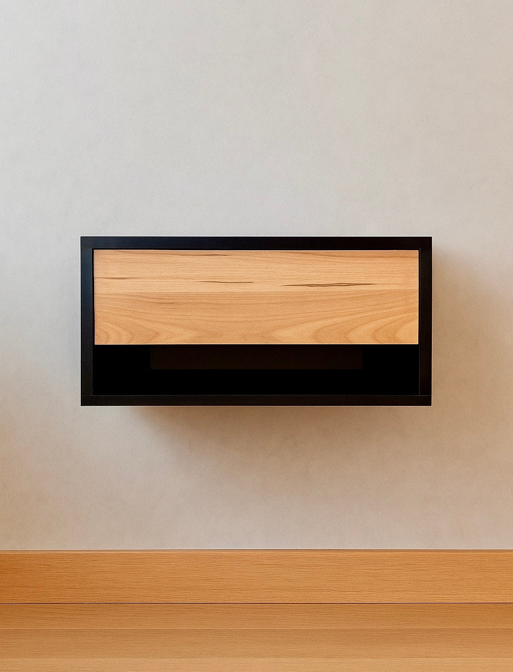 BURO FLOTANTE "ESTILO INDUSTRIAL" NEGRO / MAPLE. Buro moderno, elegante y minimalista. Diseño sofisticado.