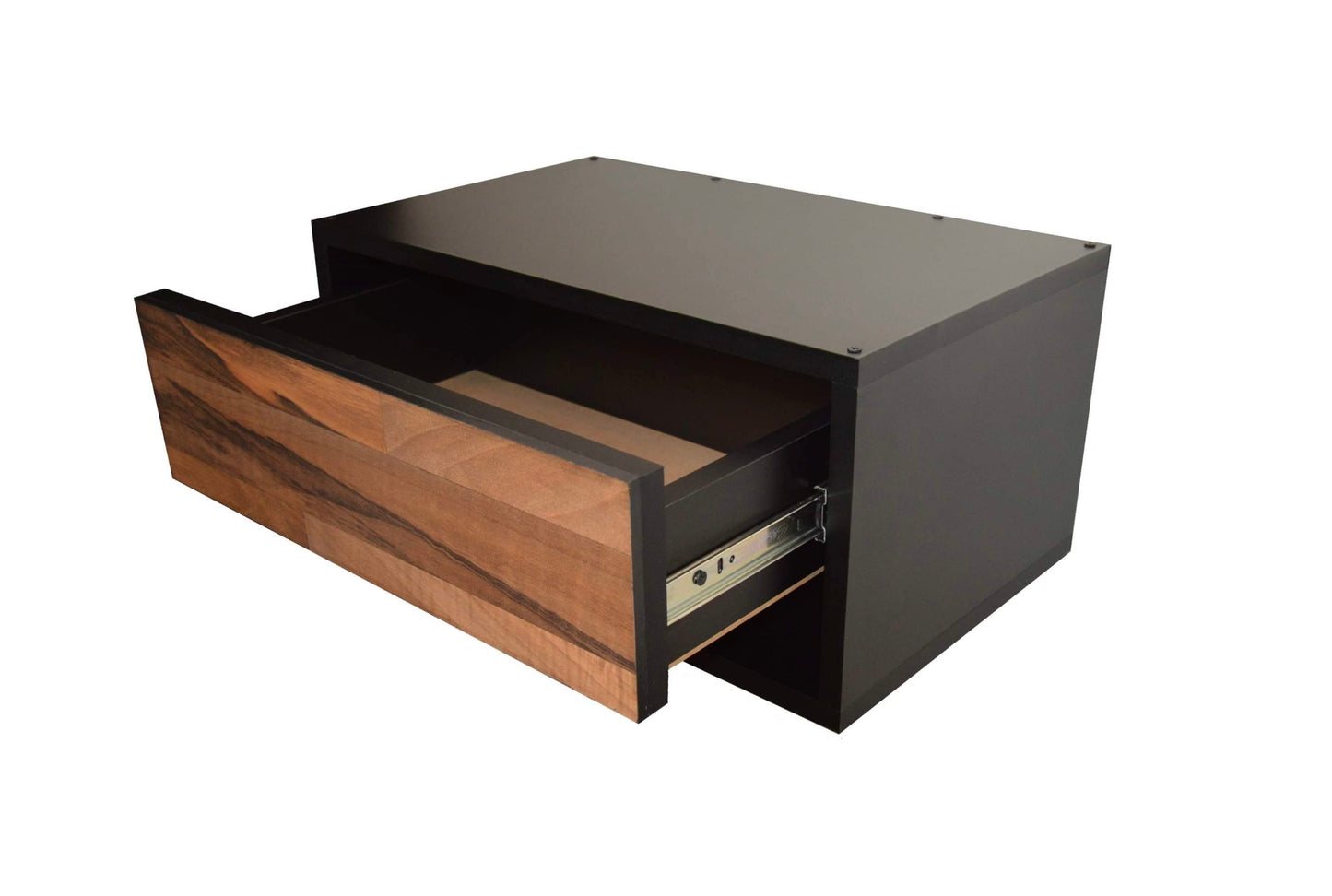 BURO FLOTANTE "ESTILO INDUSTRIAL" NEGRO / NOGAL. Buro moderno, elegante y minimalista. Diseño sofisticado.