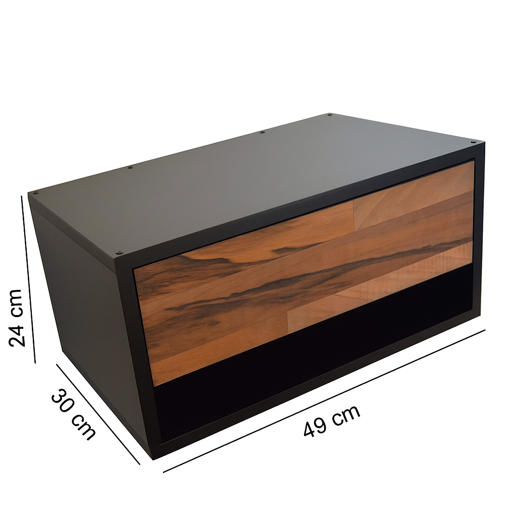 BURO FLOTANTE "ESTILO INDUSTRIAL" NEGRO / NOGAL. Buro moderno, elegante y minimalista. Diseño sofisticado.