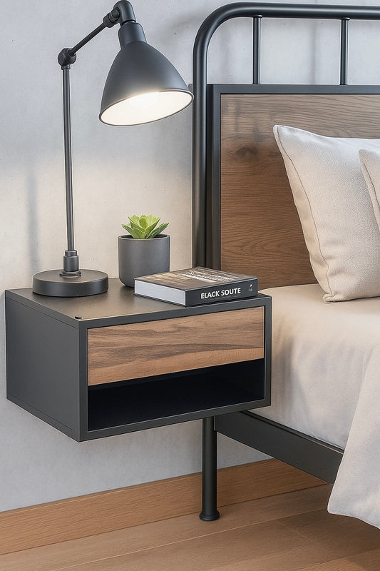 BURO FLOTANTE "ESTILO INDUSTRIAL" NEGRO / NOGAL. Buro moderno, elegante y minimalista. Diseño sofisticado.