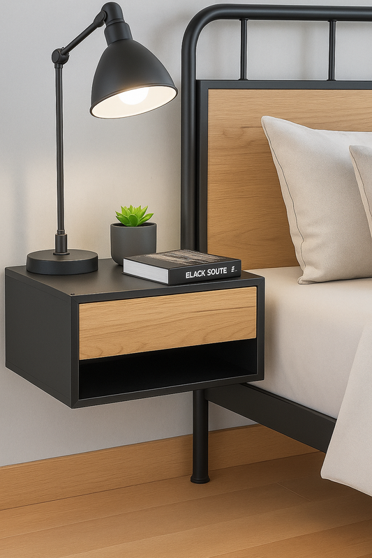 BURO FLOTANTE "ESTILO INDUSTRIAL" NEGRO / MAPLE. Buro moderno, elegante y minimalista. Diseño sofisticado.