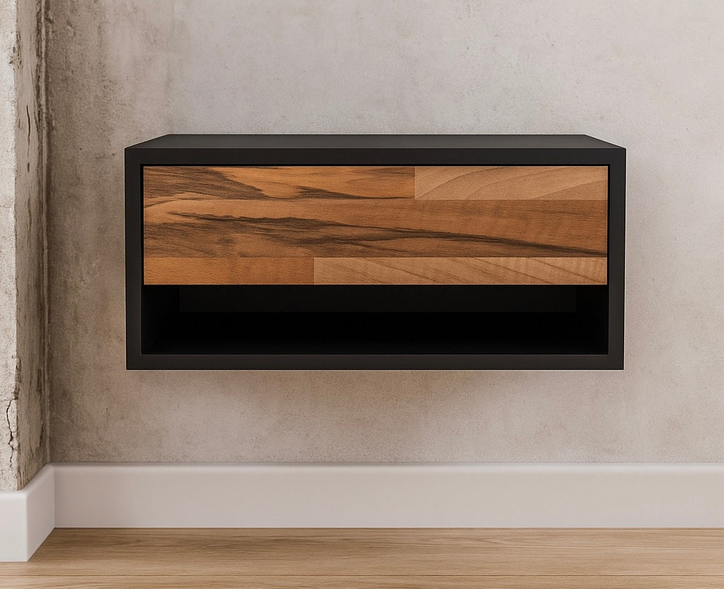 BURO FLOTANTE "ESTILO INDUSTRIAL" NEGRO / NOGAL. Buro moderno, elegante y minimalista. Diseño sofisticado.